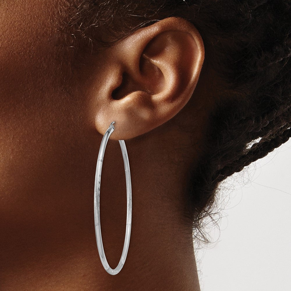 10K White Gold Satin and Diamond-cut 2mm Round Hoop Earrings