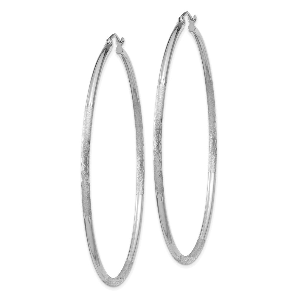 10K White Gold Satin and Diamond-cut 2mm Round Hoop Earrings