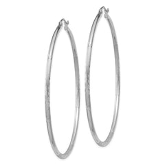 10K White Gold Satin and Diamond-cut 2mm Round Hoop Earrings