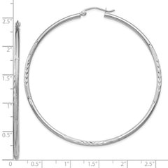 10K White Gold Satin and Diamond-cut 2mm Round Hoop Earrings