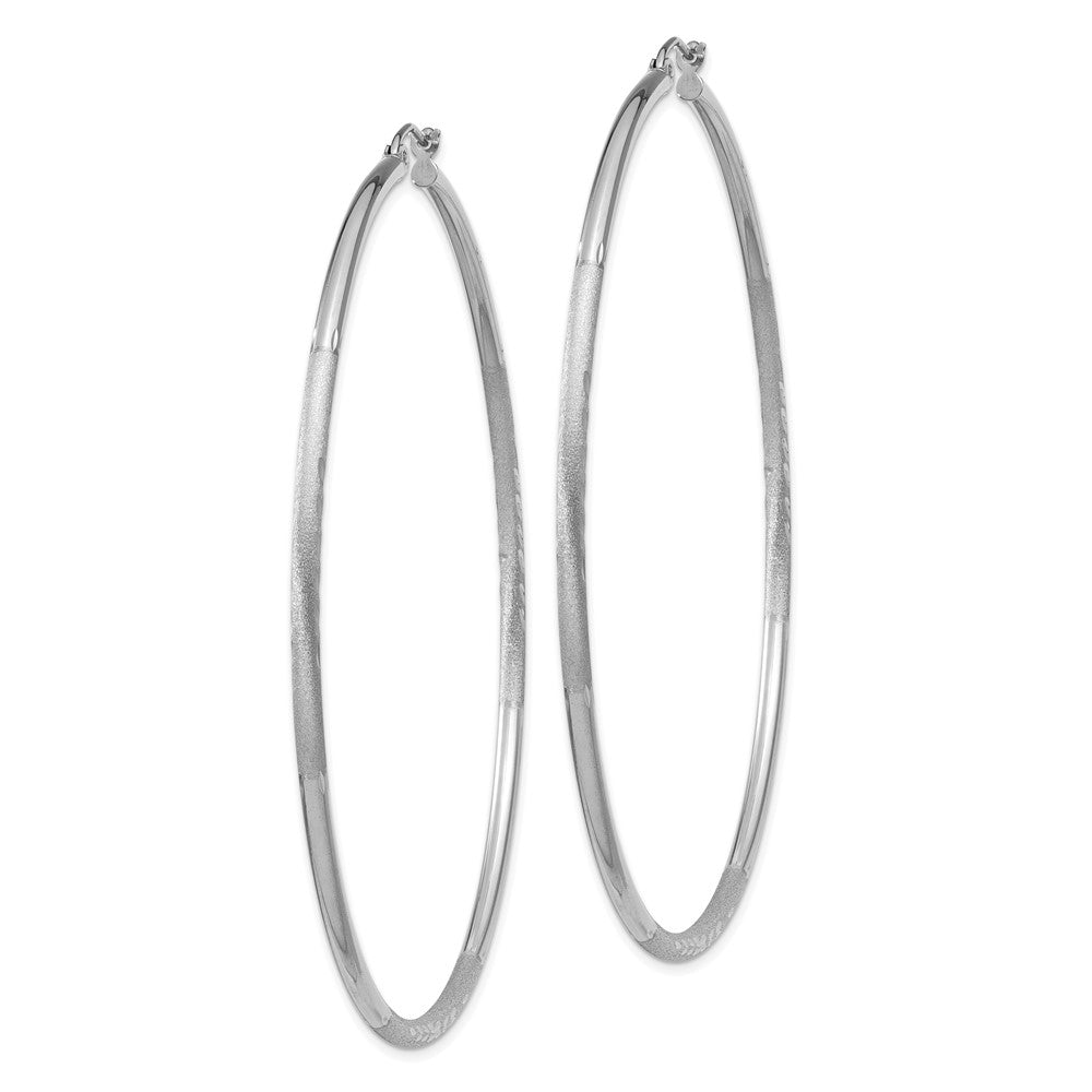 10K White Gold Satin and Diamond-cut 2mm Round Hoop Earrings