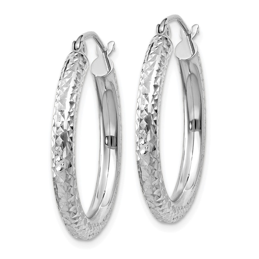 10K White Gold Diamond-cut 3mm Round Hoop Earrings