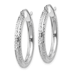 10K White Gold Diamond-cut 3mm Round Hoop Earrings