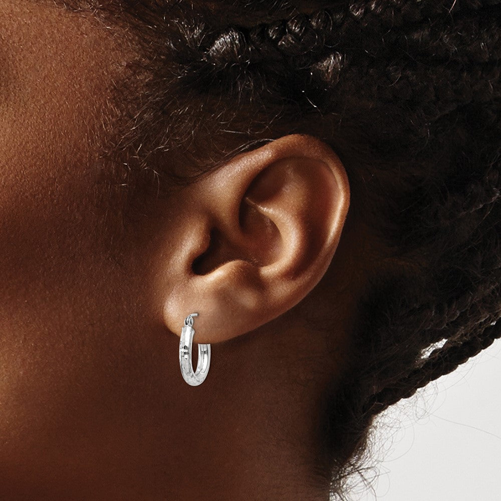 10K White Gold Diamond-cut 3mm Round Hoop Earrings