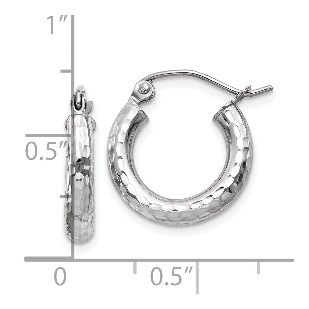 10K White Gold Diamond-cut 3mm Round Hoop Earrings