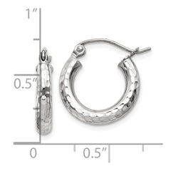 10K White Gold Diamond-cut 3mm Round Hoop Earrings