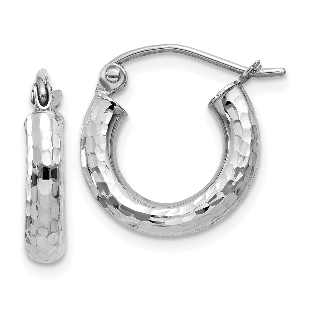 10K White Gold Diamond-cut 3mm Round Hoop Earrings