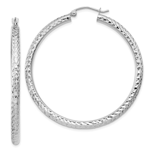 10K White Gold Diamond-cut 3mm Round Hoop Earrings