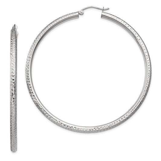 10K White Gold Diamond-cut 3mm Round Hoop Earrings
