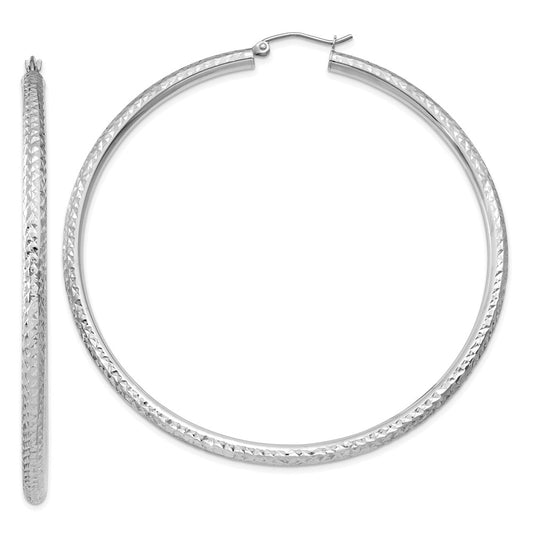 10K White Gold Diamond-cut 3mm Round Hoop Earrings