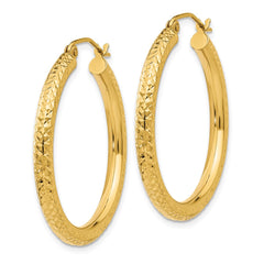 10K Yellow Gold Diamond-cut 3mm Round Hoop Earrings