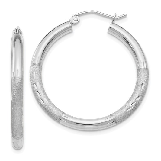 10K White Gold Satin & Diamond-cut 3mm Round Hoop Earrings
