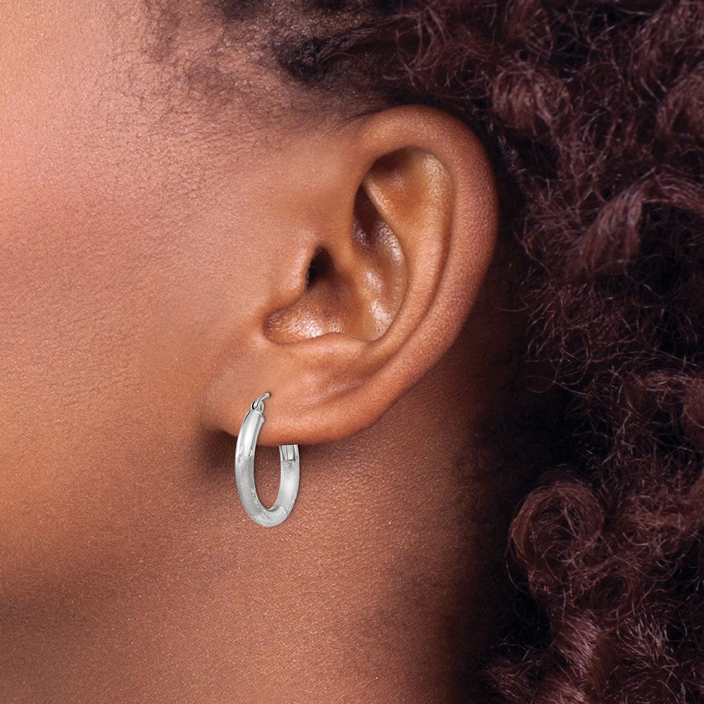 10K White Gold Satin & Diamond-cut 3mm Round Hoop Earrings