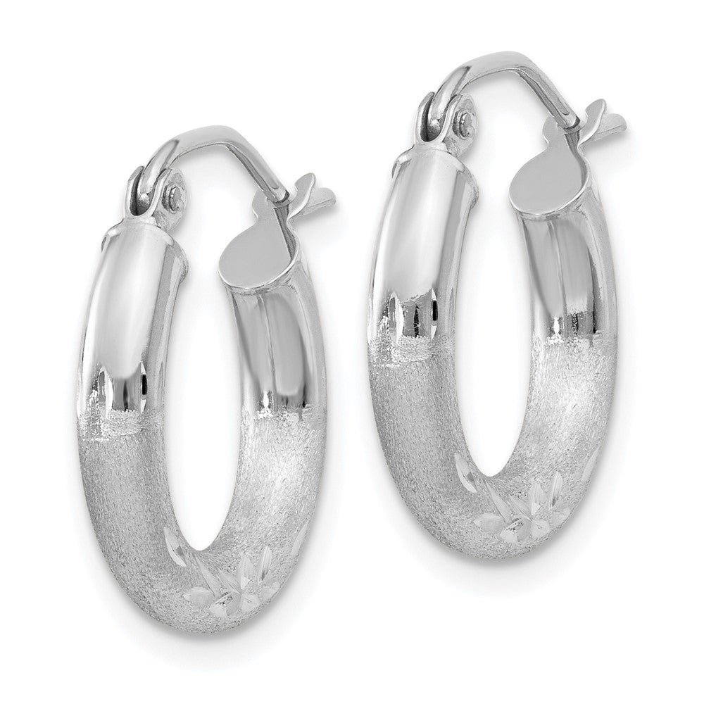 10K White Gold Satin & Diamond-cut 3mm Round Hoop Earrings
