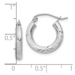 10K White Gold Satin & Diamond-cut 3mm Round Hoop Earrings