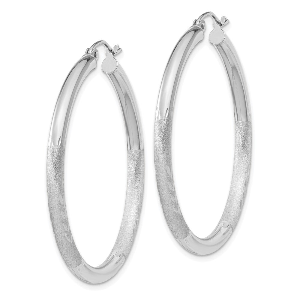 10K White Gold Satin & Diamond-cut 3mm Round Hoop Earrings