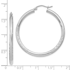 10K White Gold Satin & Diamond-cut 3mm Round Hoop Earrings