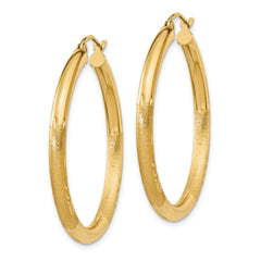10K Yellow Gold Satin & Diamond-cut 3mm Round Hoop Earrings