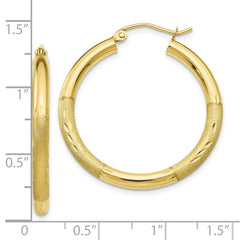 10K Yellow Gold Satin & Diamond-cut 3mm Round Hoop Earrings