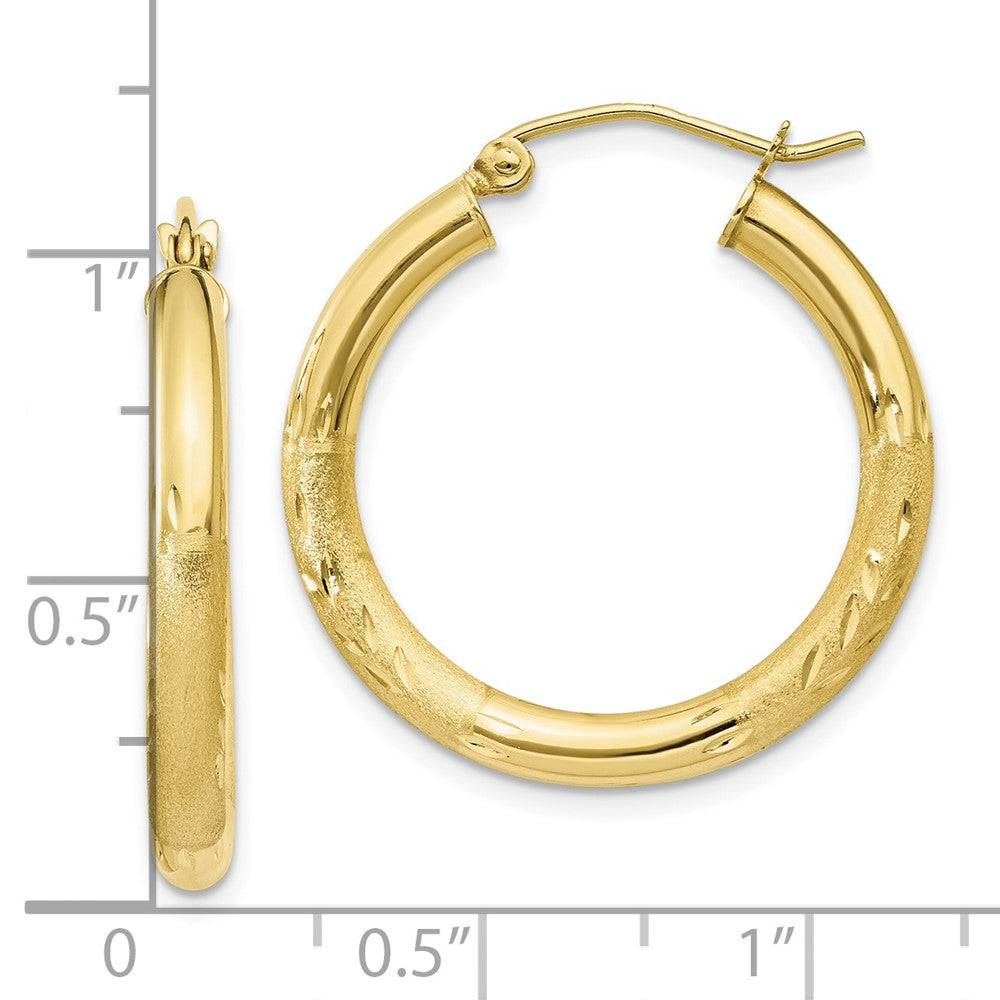 10K Yellow Gold Satin & Diamond-cut 3mm Round Hoop Earrings