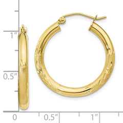 10K Yellow Gold Satin & Diamond-cut 3mm Round Hoop Earrings