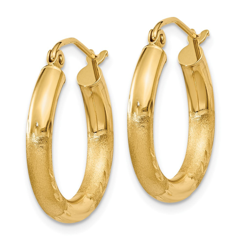 10K Yellow Gold Satin & Diamond-cut 3mm Round Hoop Earrings