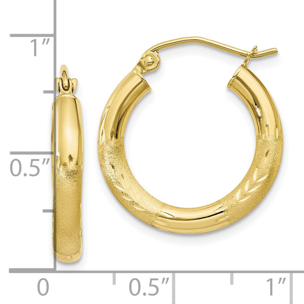10K Yellow Gold Satin & Diamond-cut 3mm Round Hoop Earrings