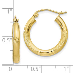 10K Yellow Gold Satin & Diamond-cut 3mm Round Hoop Earrings