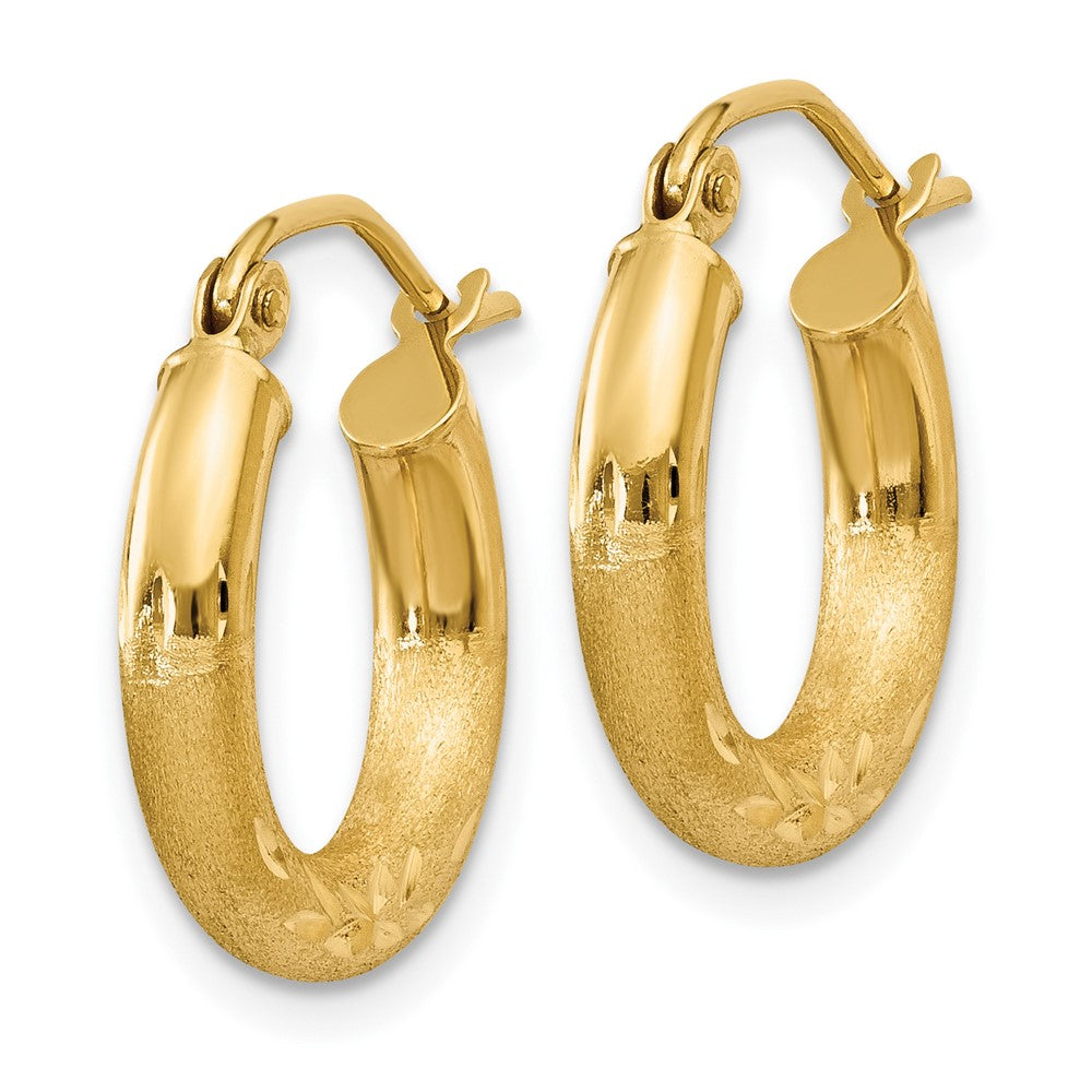 10K Yellow Gold Satin & Diamond-cut 3mm Round Hoop Earrings