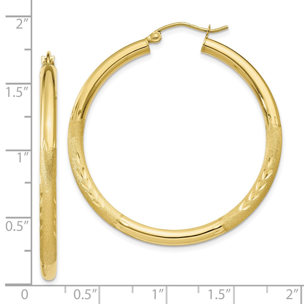 10K Yellow Gold Satin & Diamond-cut 3mm Round Hoop Earrings