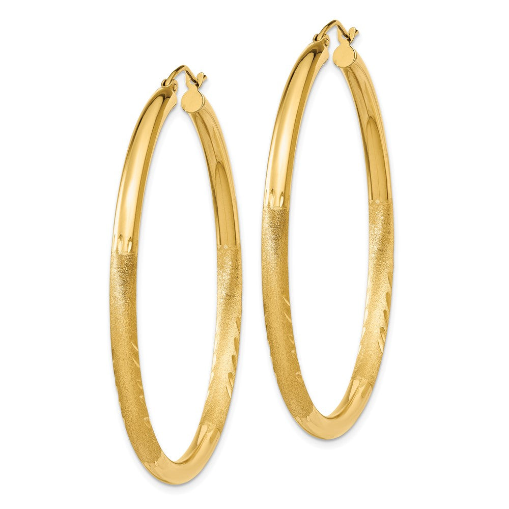 10K Yellow Gold Satin & Diamond-cut 3mm Round Hoop Earrings