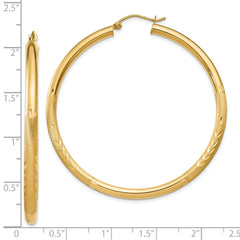 10K Yellow Gold Satin & Diamond-cut 3mm Round Hoop Earrings