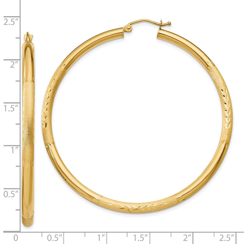 10K Yellow Gold Satin & Diamond-cut 3mm Round Hoop Earrings
