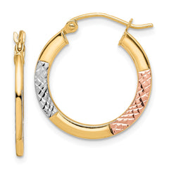 10K Tri-Color Gold Diamond-cut 2.5x20mm Hoop Earrings