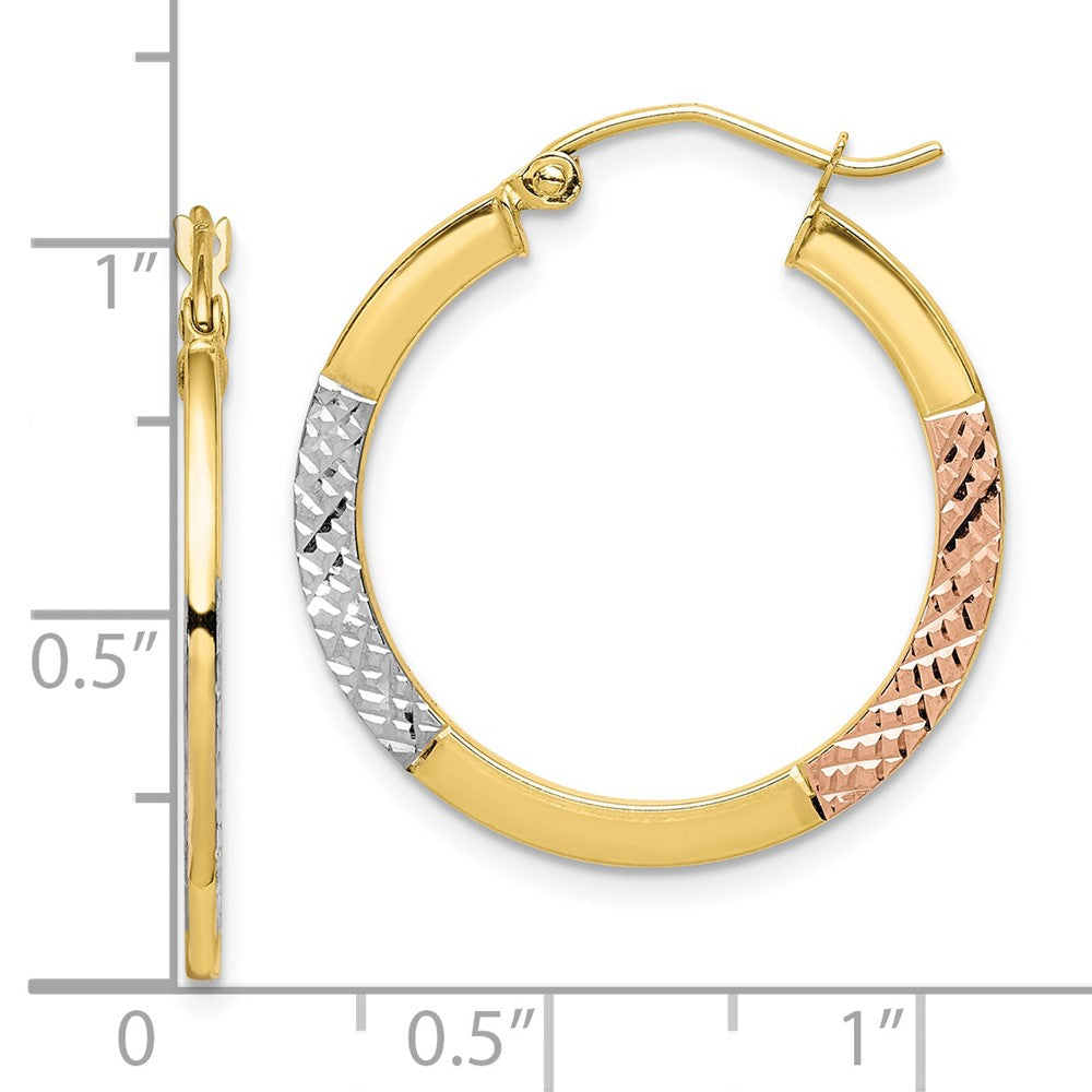10K Tri-Color Gold Diamond-cut 2.5x25mm Hoop Earrings
