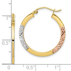 10K Tri-Color Gold Diamond-cut 2.5x25mm Hoop Earrings