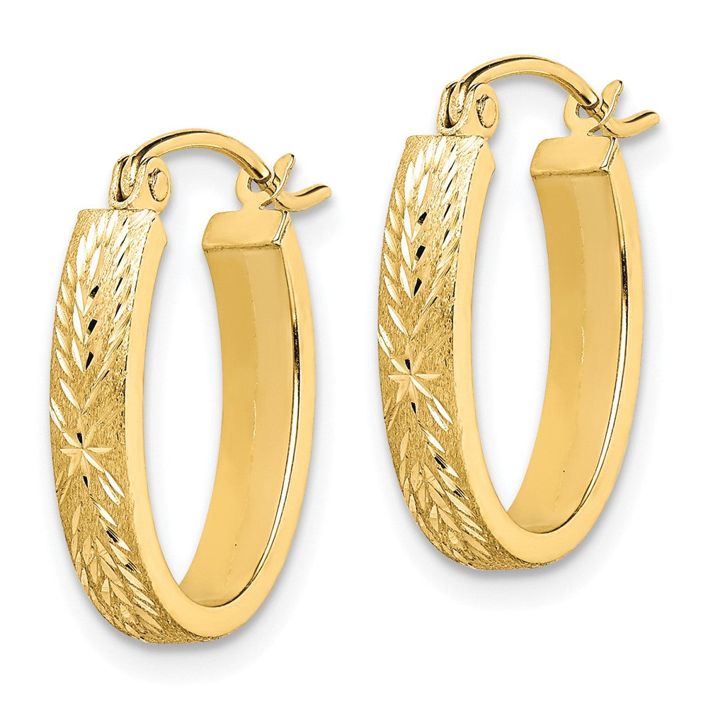 10K Yellow Gold Brushed Diamond-cut Oval Hoop Earrings
