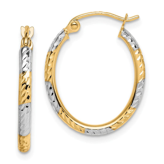 10K Yellow Gold & Rhodium Diamond-cut Patterned Oval Hoop Earrings