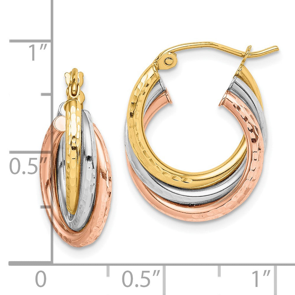 10K Tri-Color Gold Diamond-cut Triple Hoop Earrings