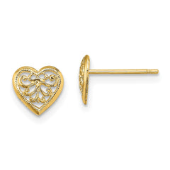 10K Yellow Gold Filigree Heart Post Earrings