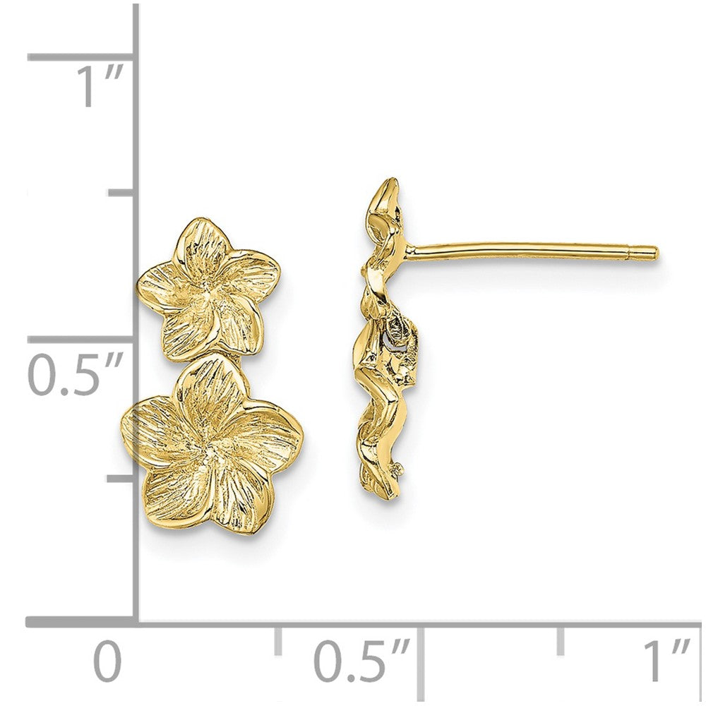 10K Yellow Gold Double Plumeria Flower Post Dangle Earrings