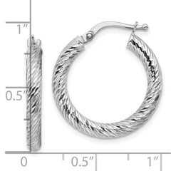 10K White Gold 3x10 Diamond-cut Round Hoop Earrings