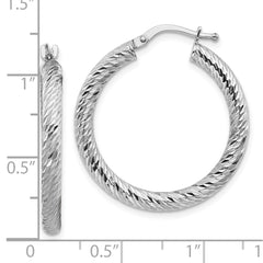10K White Gold 3x10 Diamond-cut Round Hoop Earrings