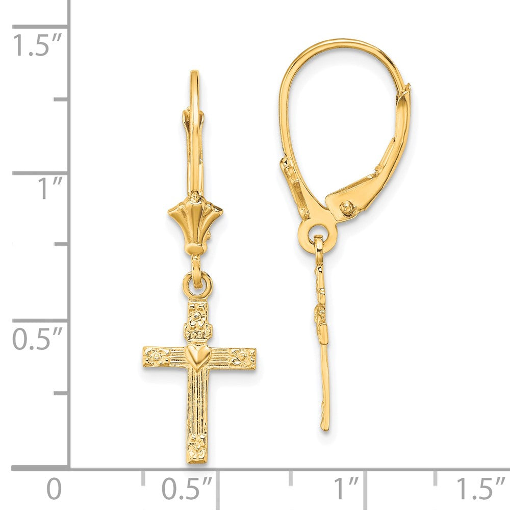 10K Yellow Gold Textured Heart In Cross Leverback Earrings