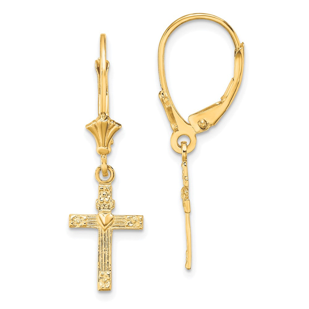 10K Yellow Gold Textured Heart In Cross Leverback Earrings
