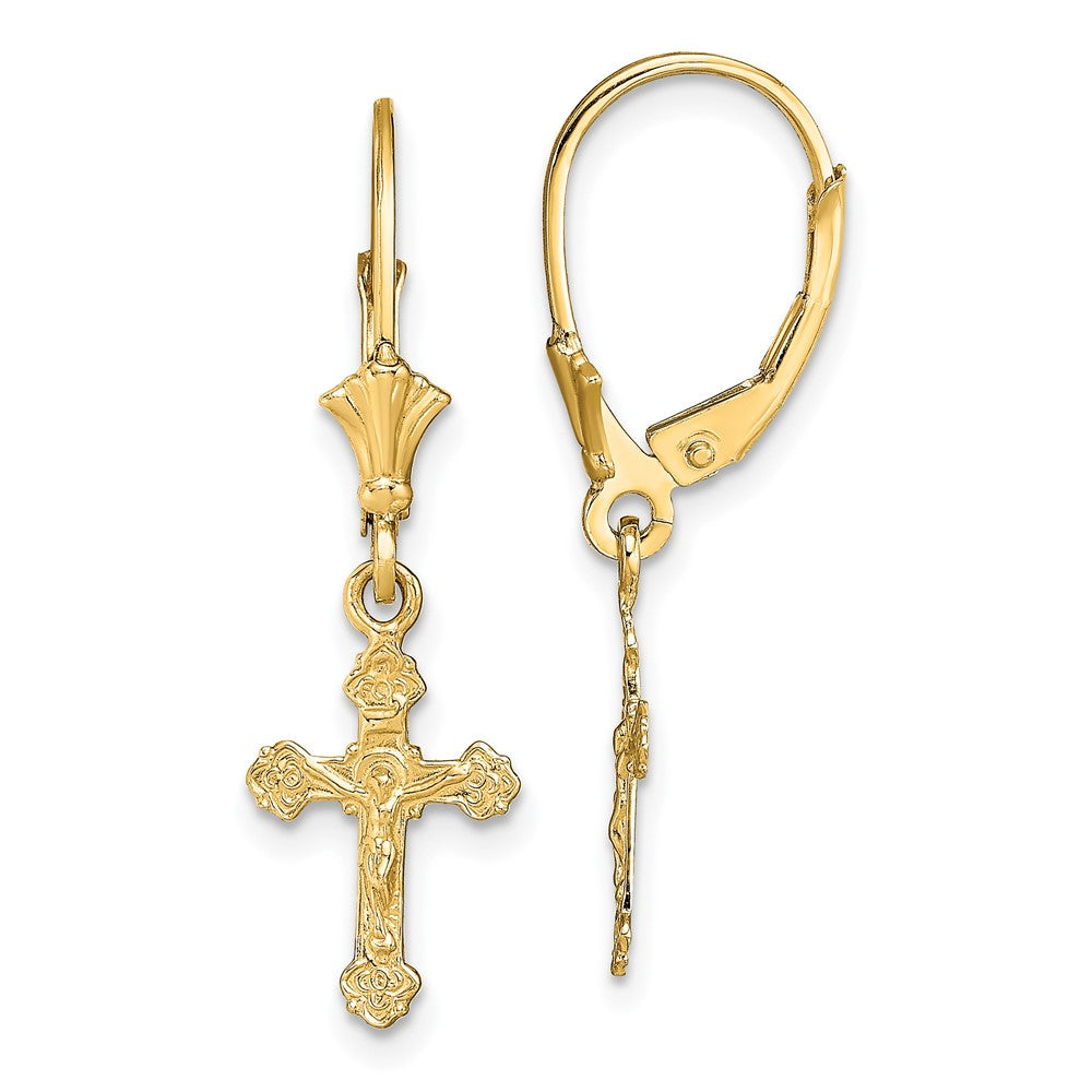 10K Yellow Gold Crucifix Leverback Earrings