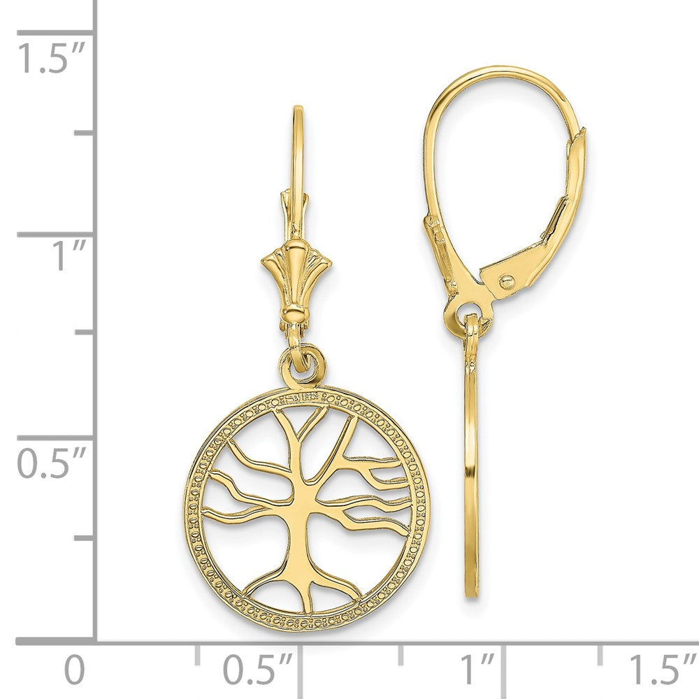 10K Yellow Gold Tree of Life In Round Frame Leverback Earrings