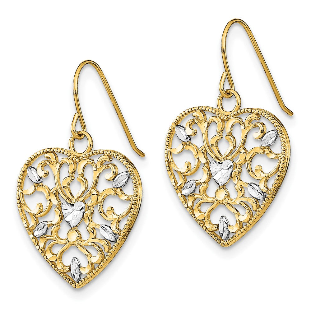 10K Yellow Gold & Rhodium Filigree Cut-Out Heart Wire Earrings