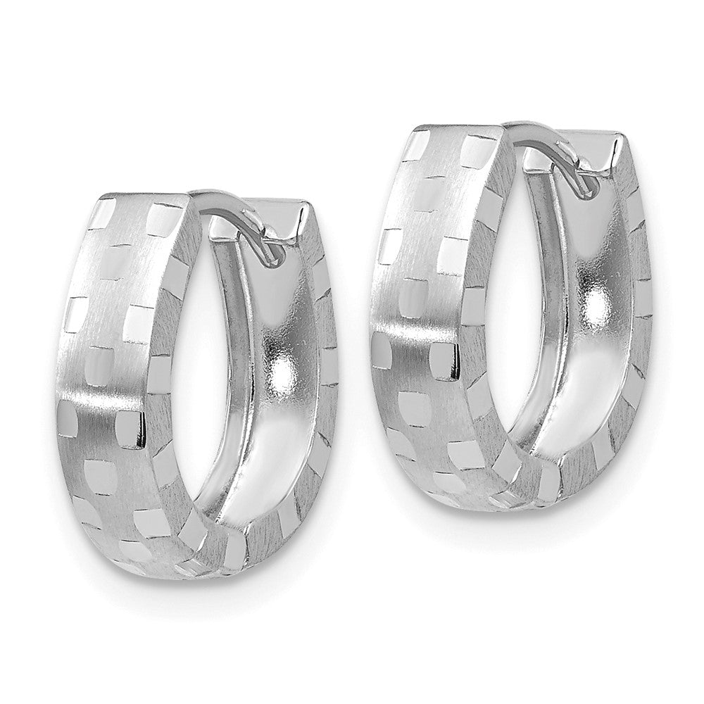 10K White Gold Diamond-cut 4mm Patterned Hinged Hoop Earrings