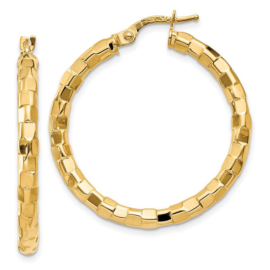 10K Yellow Gold Polished Textured Post Hoop Earrings